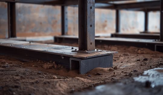 View of wooden beams and metal supports in a house's crawl space, illustrating the foundation repair work