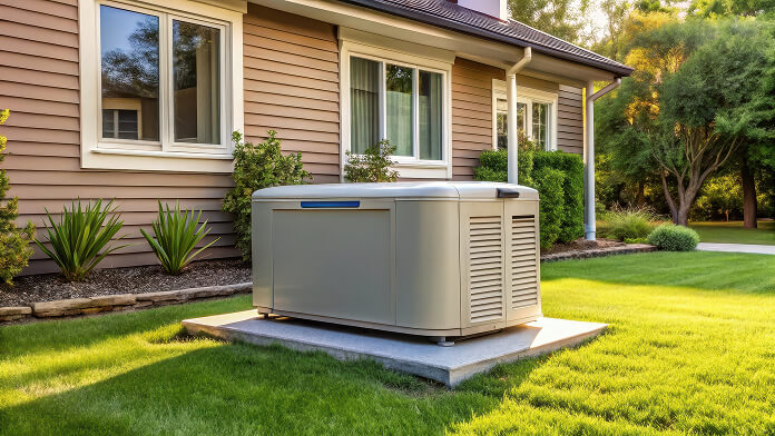 A standby generator located in front of a house, illustrating residential energy efficiency.
