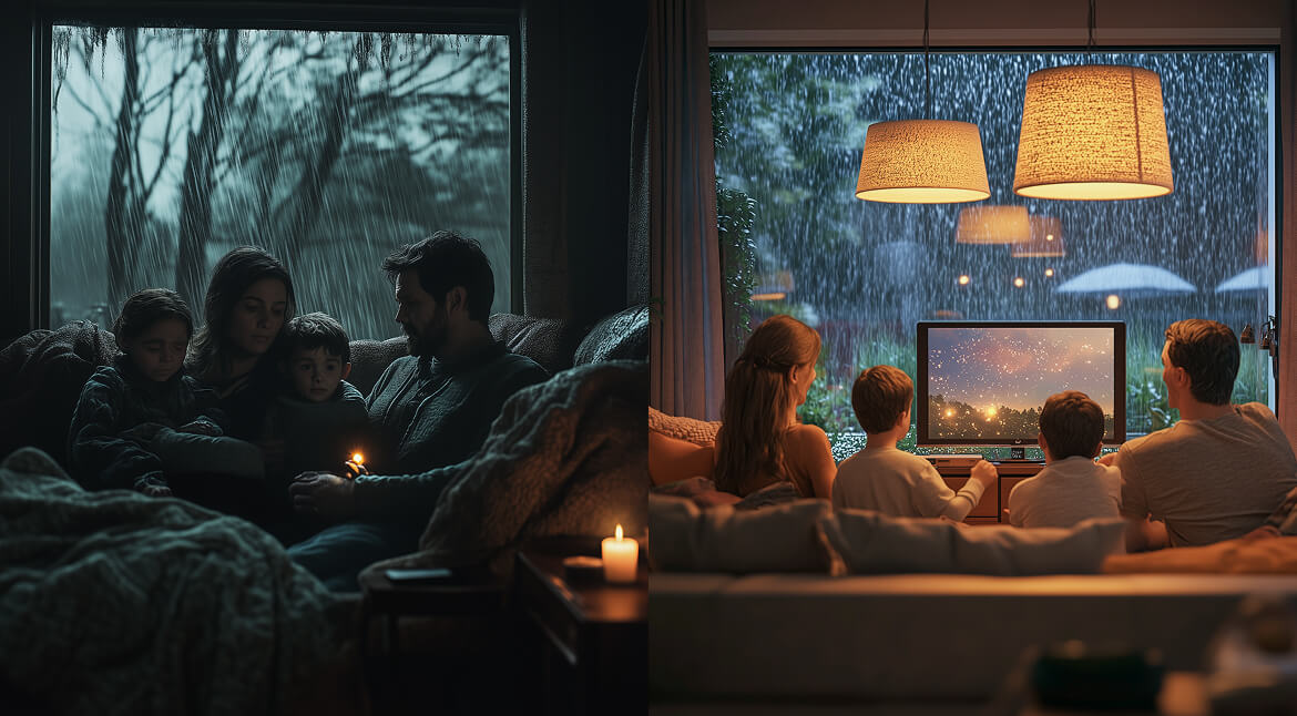 A family sitting on a couch in front of a window, engaged in watching television together in a warm atmosphere.