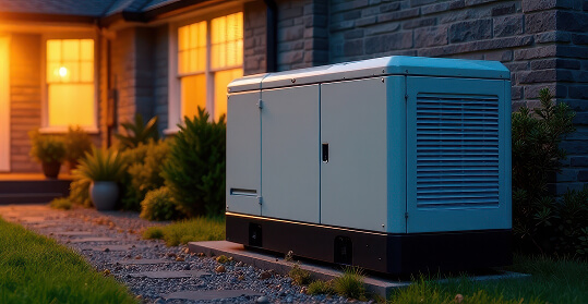 An outdoor generator positioned in front of a house, highlighting its long-duration performance capabilities.