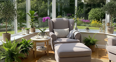 A sunroom featuring comfortable chairs surrounded by various indoor plants, creating a bright and inviting atmosphere