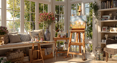 A bright sunroom filled with large windows and an abundance of lush green plants creating a vibrant atmosphere