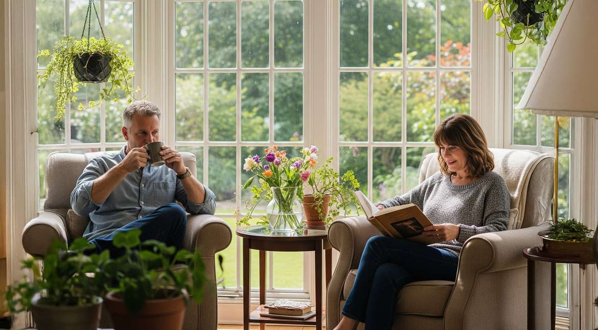 A man and woman seated in chairs, engaged in conversation, with a large window behind them letting in natural light