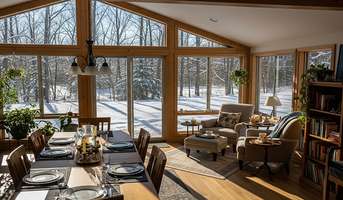 A sunroom featuring a dining table surrounded by chairs, illuminated by natural light from large windows